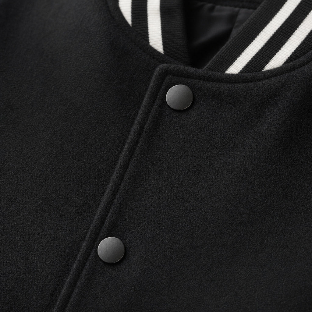 Bomber Jackets Varsity Wool Blend PU Leather Sleeves Black – Fabric and Detail Close-Up
