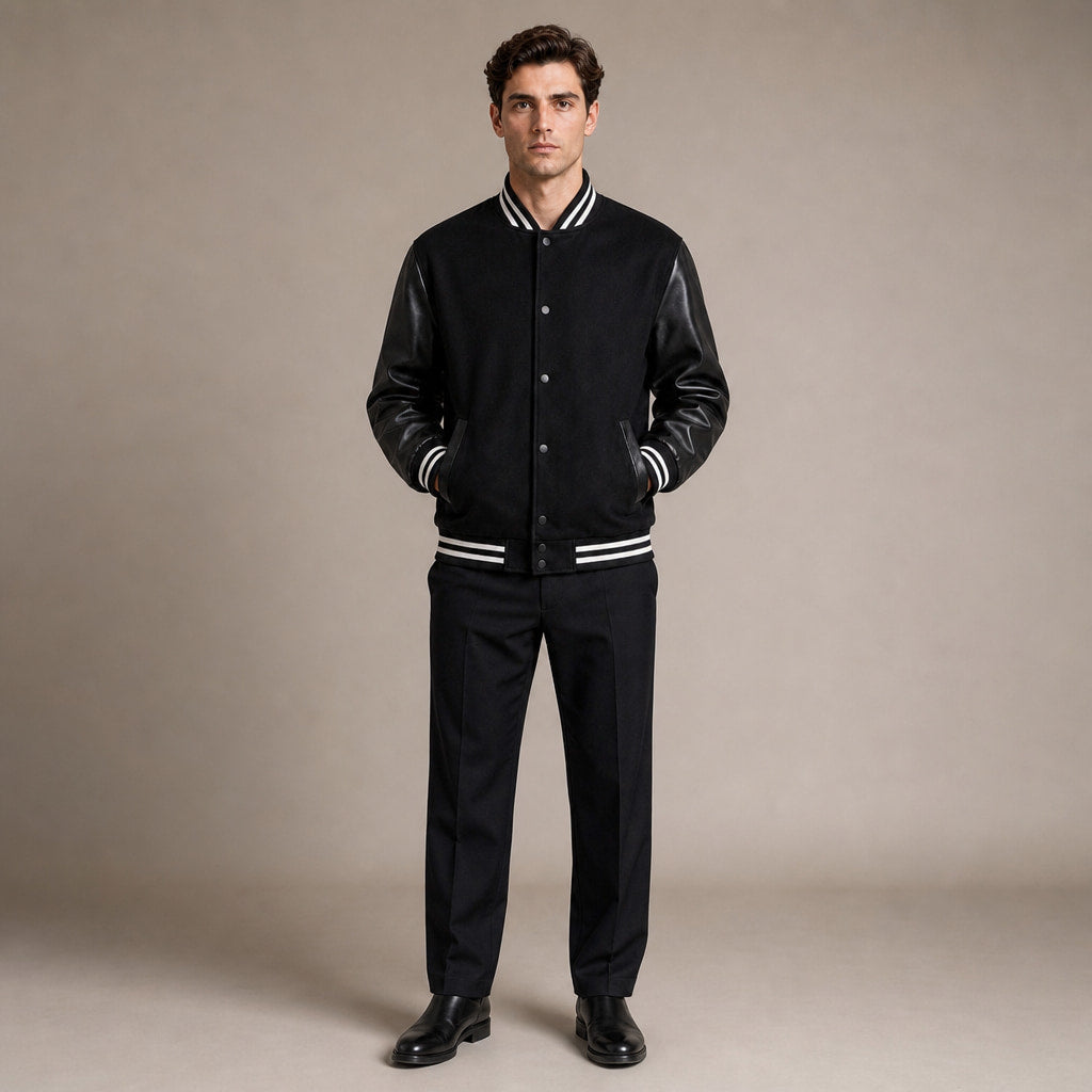 Bomber Jackets Varsity Wool Blend PU Leather Sleeves Black – Full Look