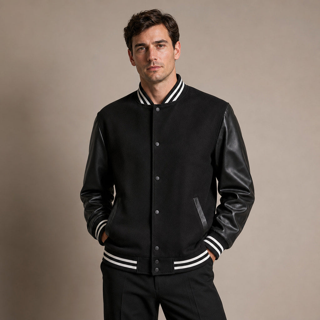 Bomber Jackets Varsity Wool Blend PU Leather Sleeves Black – Product Photo