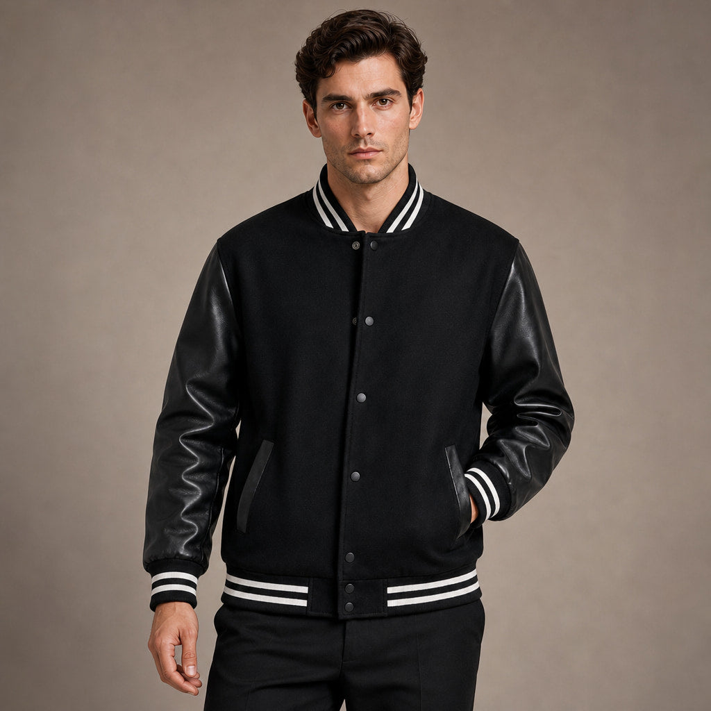 Bomber Jackets Varsity Wool Blend PU Leather Sleeves in Black – Tarlano Premium Menswear