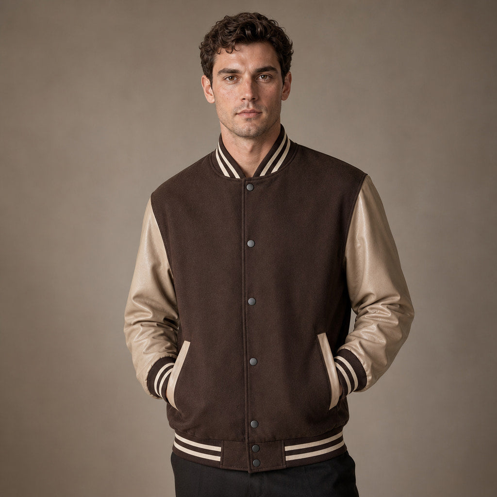Bomber Jackets Varsity Wool Blend PU Leather Sleeves Brown – Product Photo