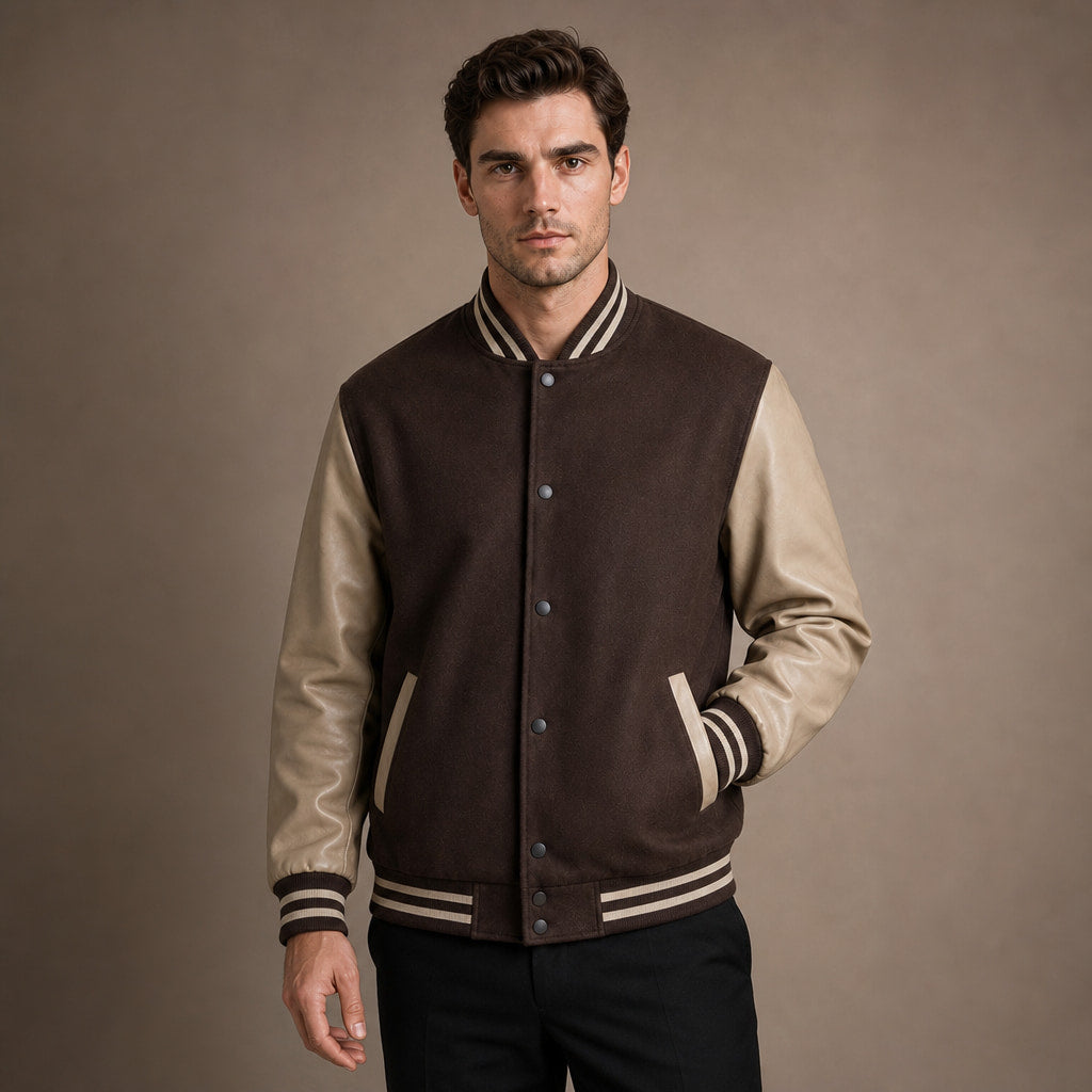 Bomber Jackets Varsity Wool Blend PU Leather Sleeves in Brown – Tarlano Premium Menswear