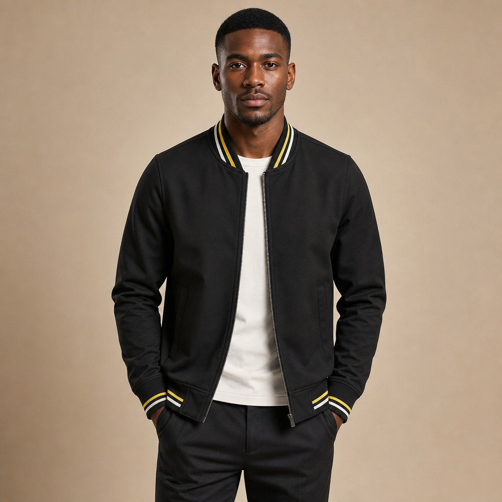 Zip-Up Jacket Cotton Blend Stripe Detail Black – Product Photo
