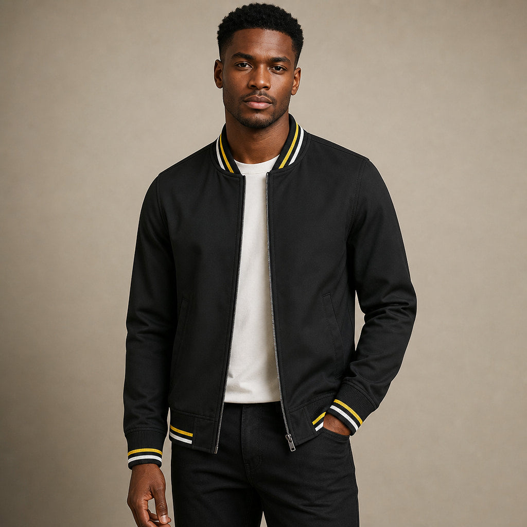 Zip-Up Jacket Cotton Blend Stripe Detail in Black – Tarlano Premium Menswear