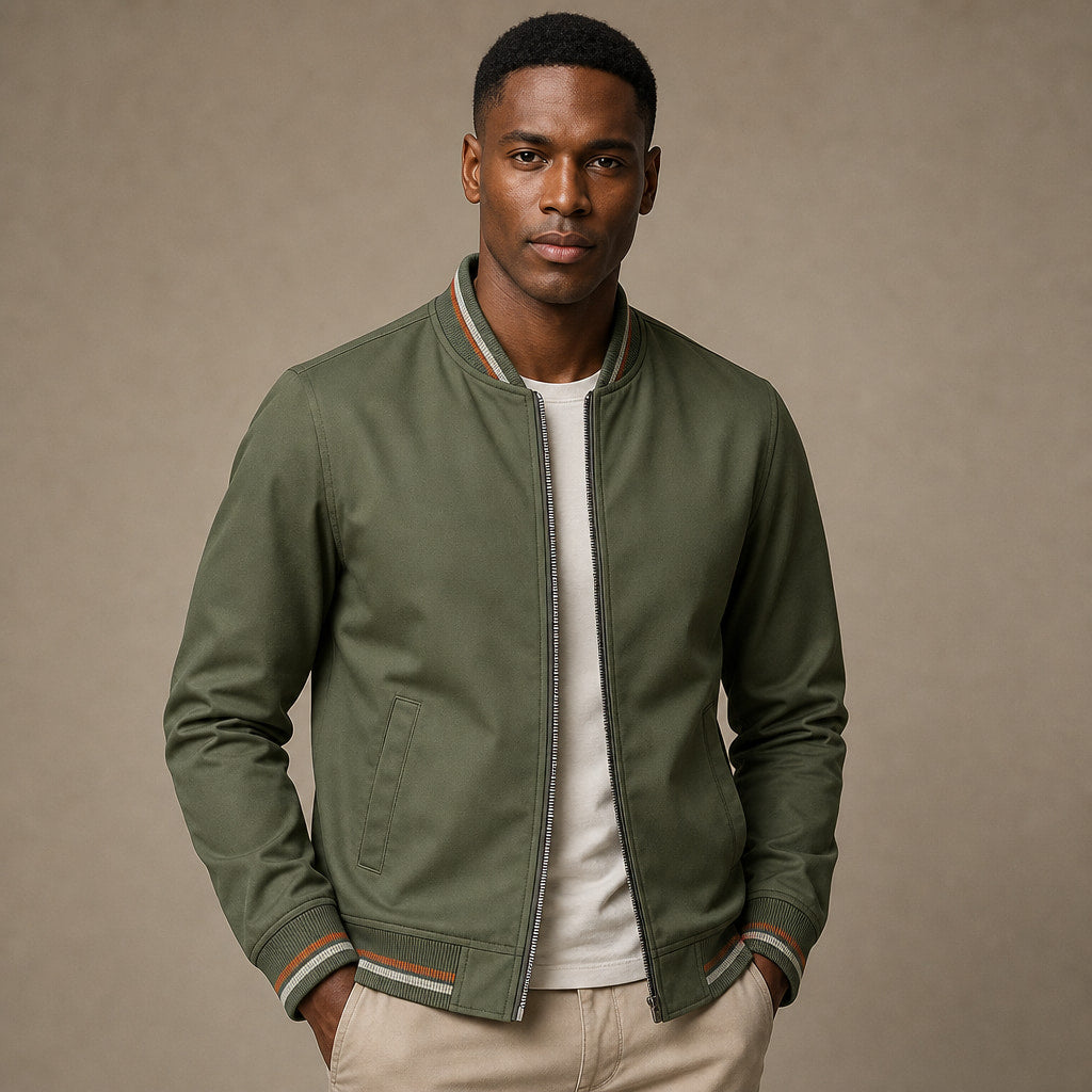 Zip-Up Jacket Cotton Blend Stripe Detail Green – Product Photo