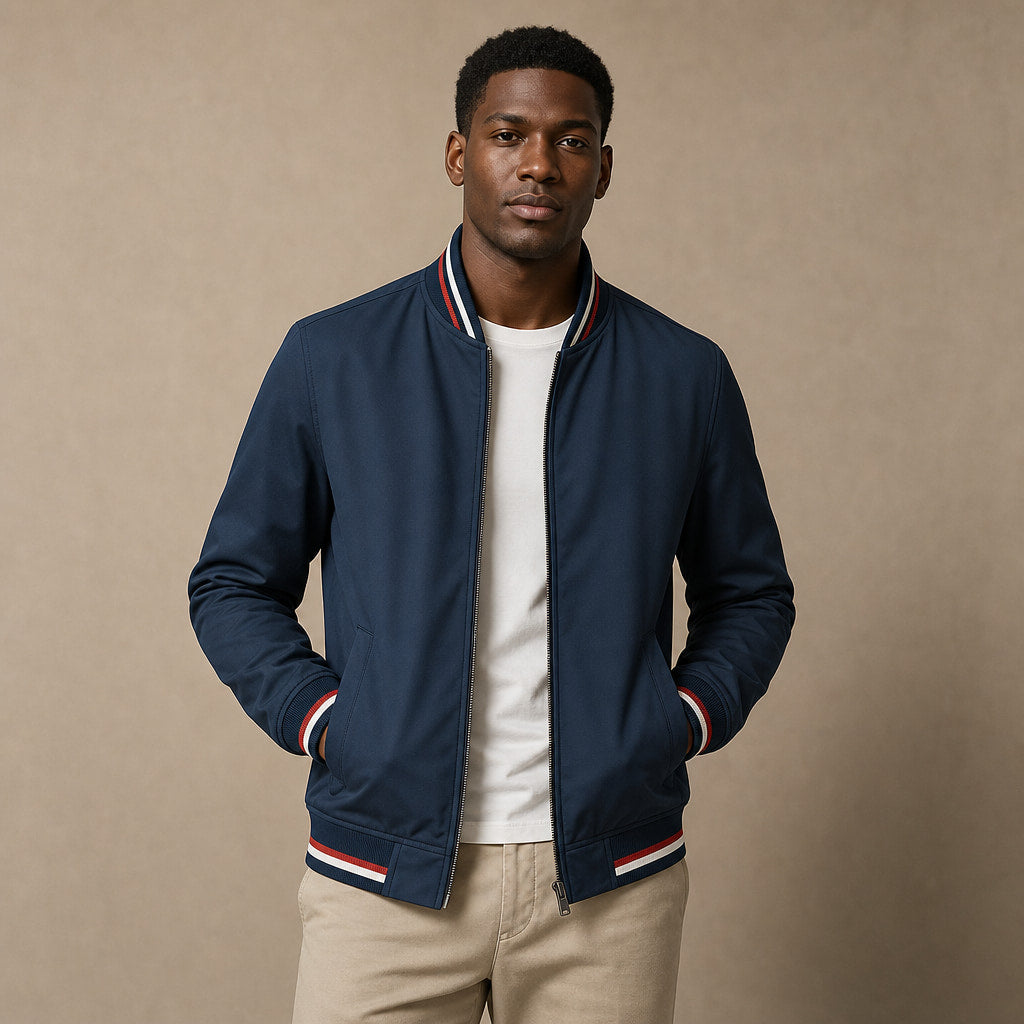 Zip-Up Jacket Cotton Blend Stripe Detail Navy Blue – Product Photo