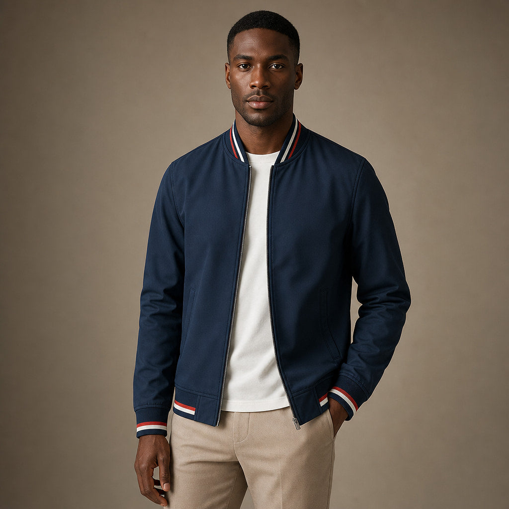 Zip-Up Jacket Cotton Blend Stripe Detail in Navy Blue – Tarlano Premium Menswear