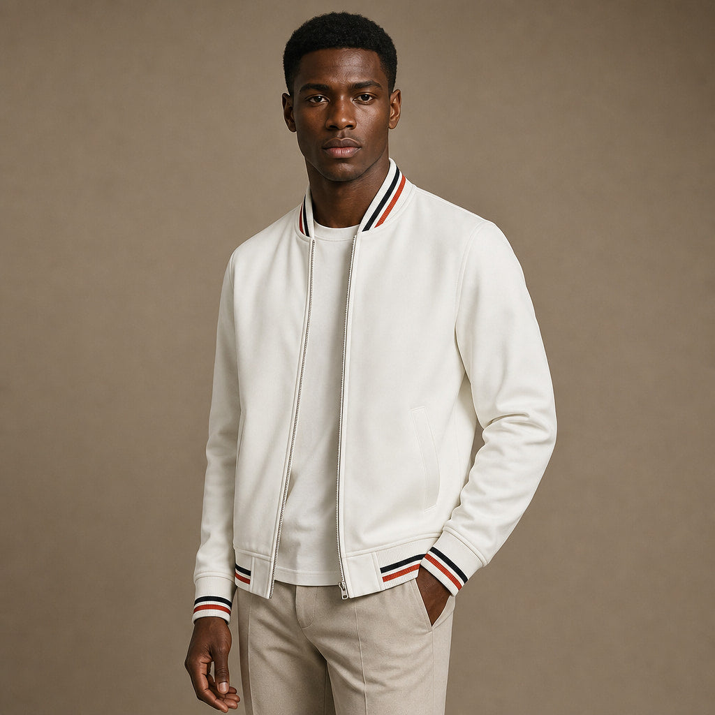 Zip-Up Jacket Cotton Blend Stripe Detail White – Side Angle View