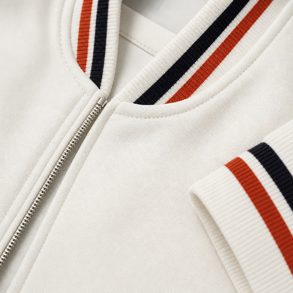 Zip-Up Jacket Cotton Blend Stripe Detail White – Fabric and Detail Close-Up