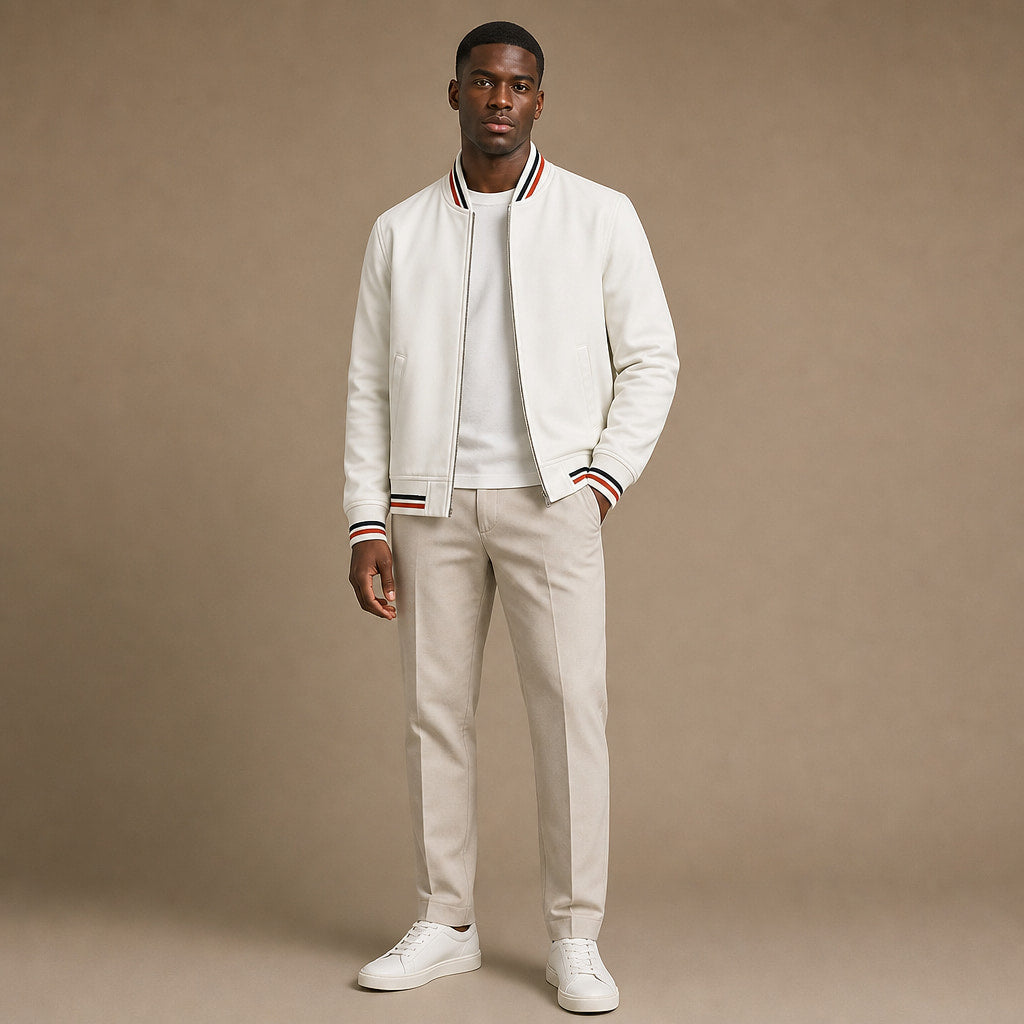 Zip-Up Jacket Cotton Blend Stripe Detail White – Full Look