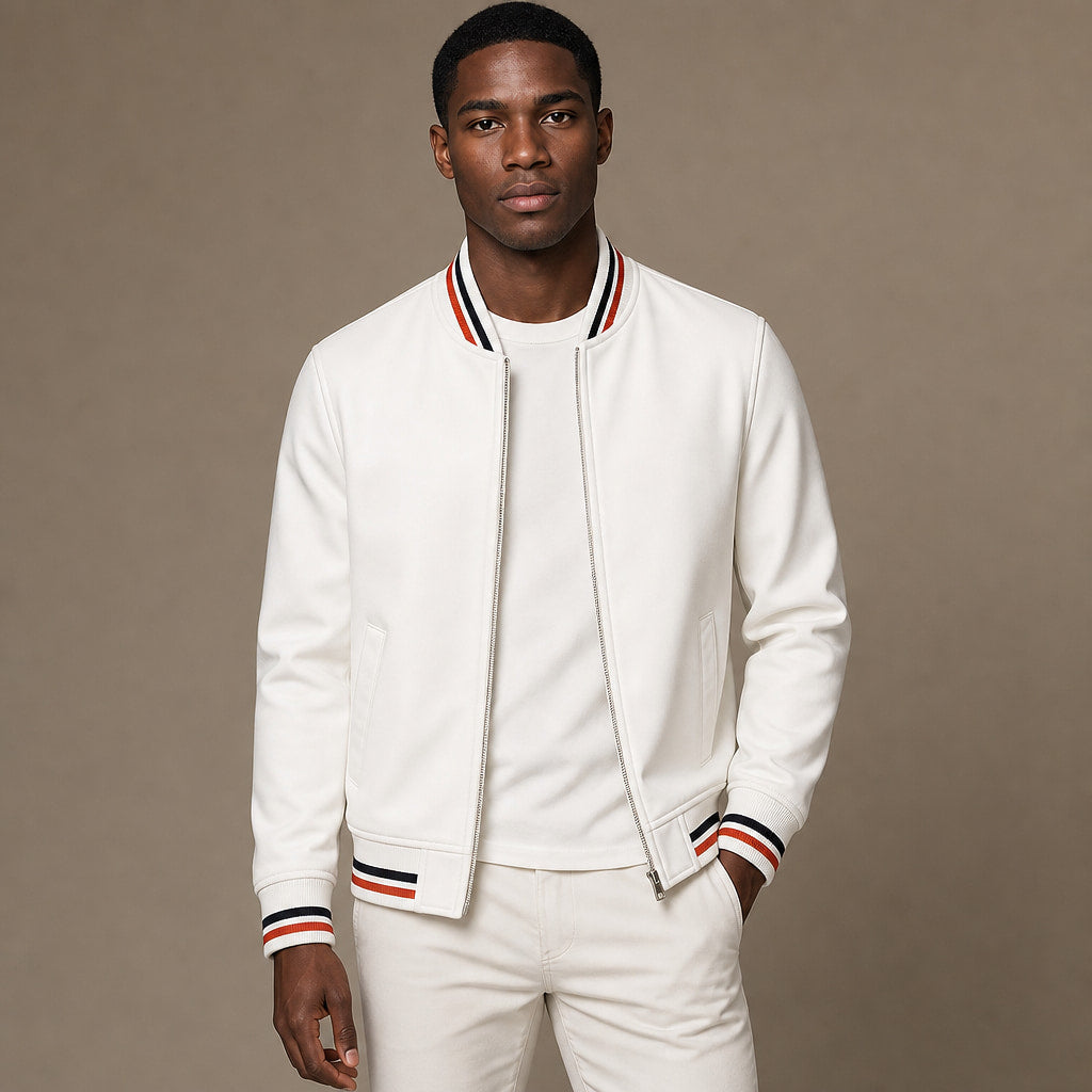 Zip-Up Jacket Cotton Blend Stripe Detail White – Product Photo