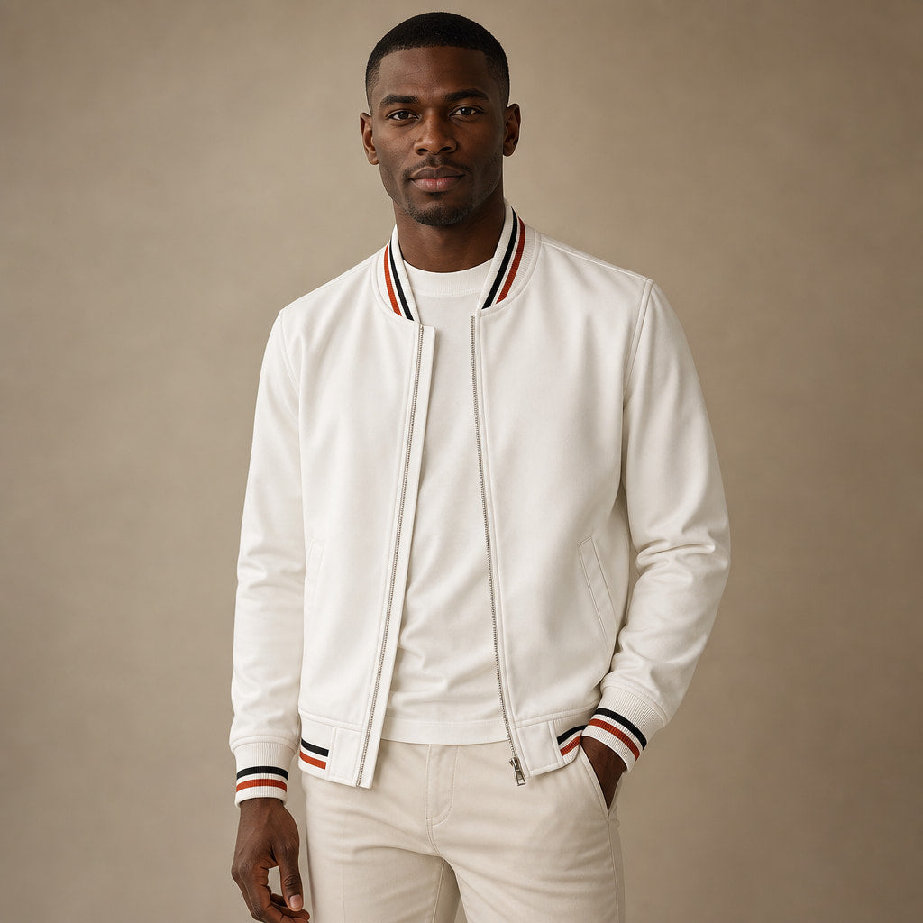 Zip-Up Jacket Cotton Blend Stripe Detail in White – Tarlano Premium Menswear