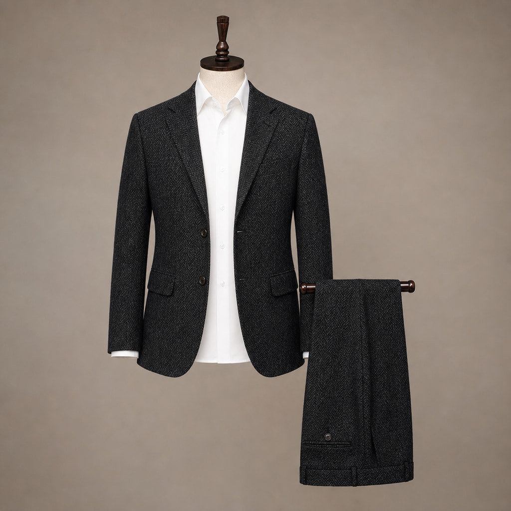Three Piece Suit Herringbone Slim Fit Black – Product Photo