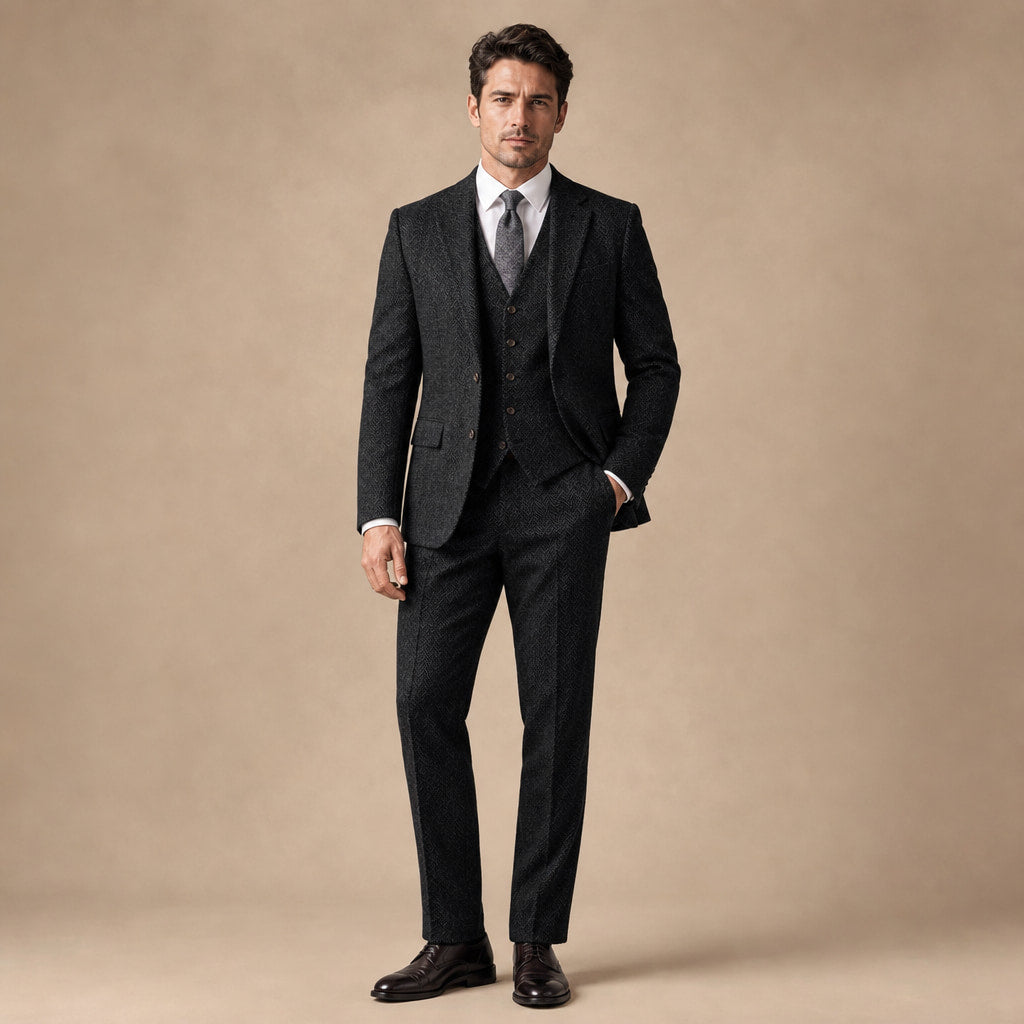 Three Piece Suit Herringbone Slim Fit in Black – Tarlano Premium Menswear