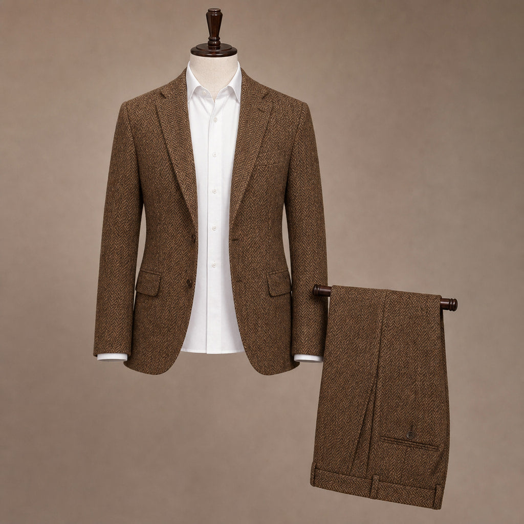 Three Piece Suit Herringbone Slim Fit Brown – Product Photo