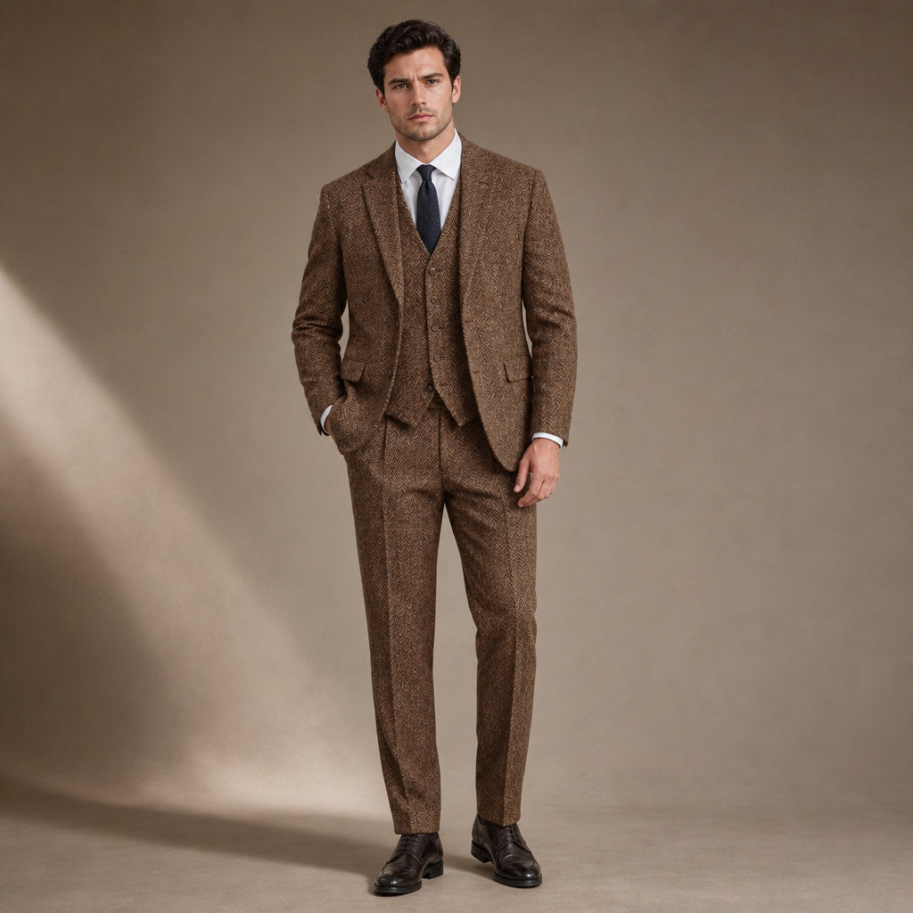 Three Piece Suit Herringbone Slim Fit in Brown – Tarlano Premium Menswear