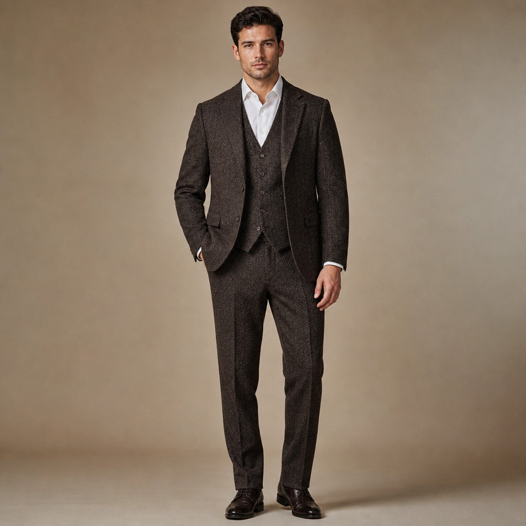 Three Piece Suit Herringbone Slim Fit in Coffee – Tarlano Premium Menswear