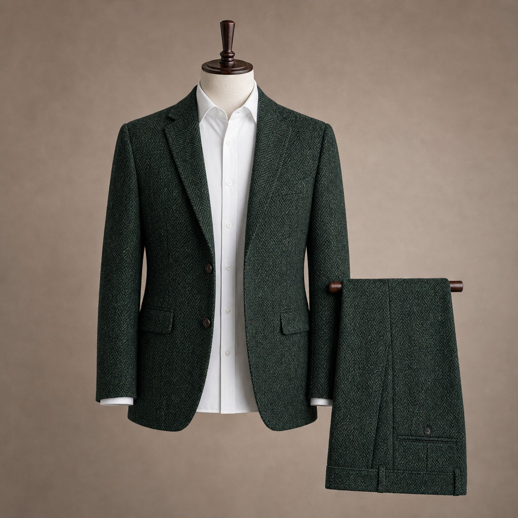 Three Piece Suit Herringbone Slim Fit Dark Green – Product Photo