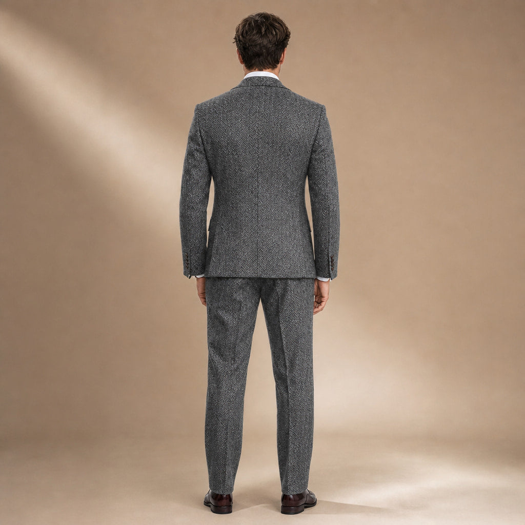 Three Piece Suit Herringbone Slim Fit Dark Grey – Side Angle View