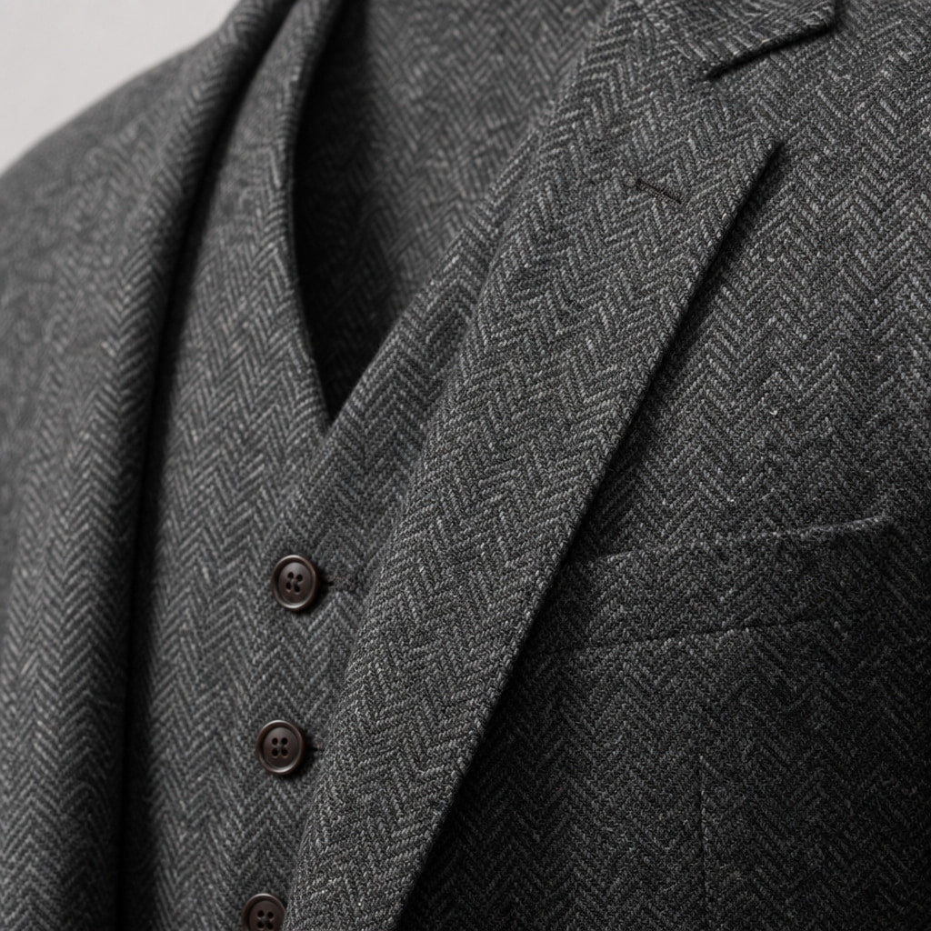 Three Piece Suit Herringbone Slim Fit Dark Grey – Fabric and Detail Close-Up