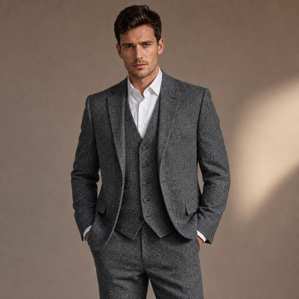 Three Piece Suit Herringbone Slim Fit Dark Grey – Full Look