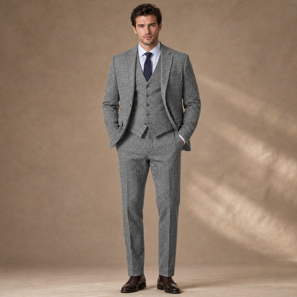 Three Piece Suit Herringbone Slim Fit in Grey – Tarlano Premium Menswear