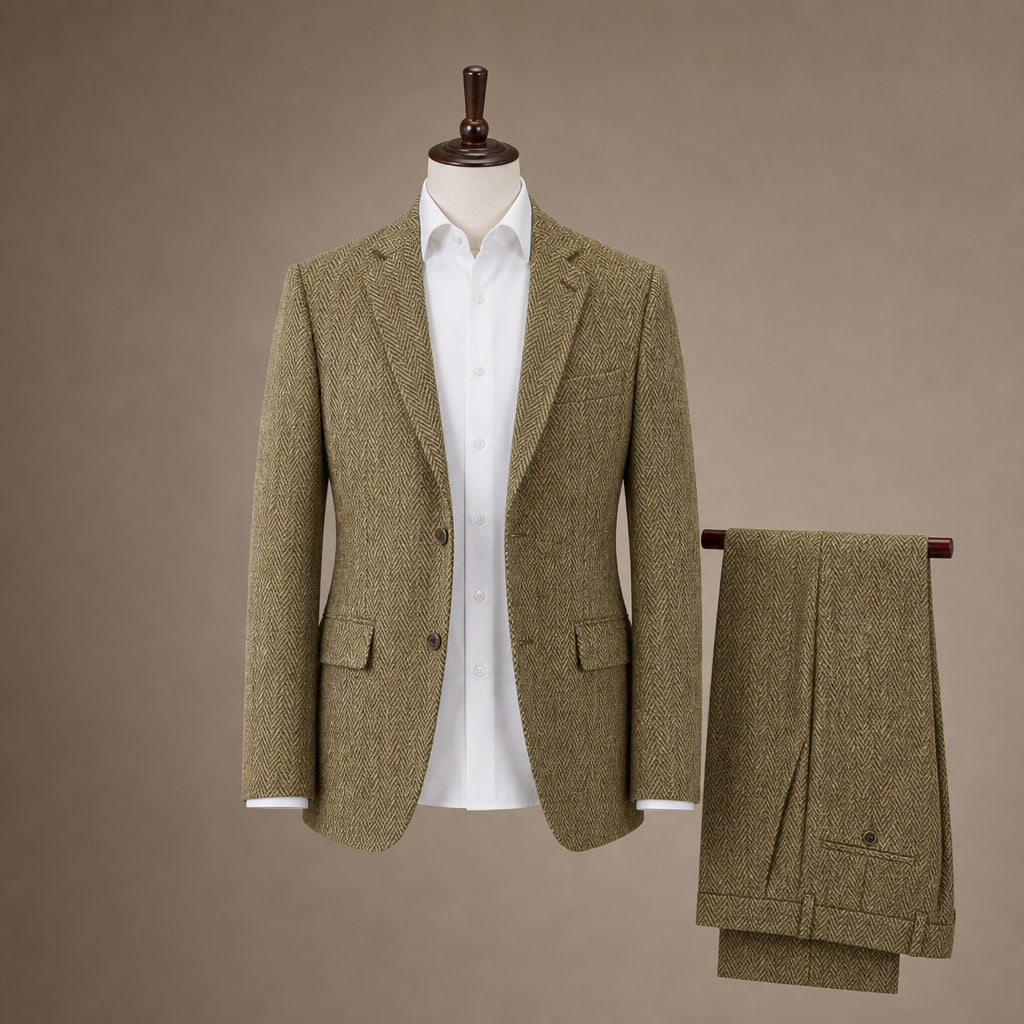 Three Piece Suit Herringbone Slim Fit Khaki – Product Photo