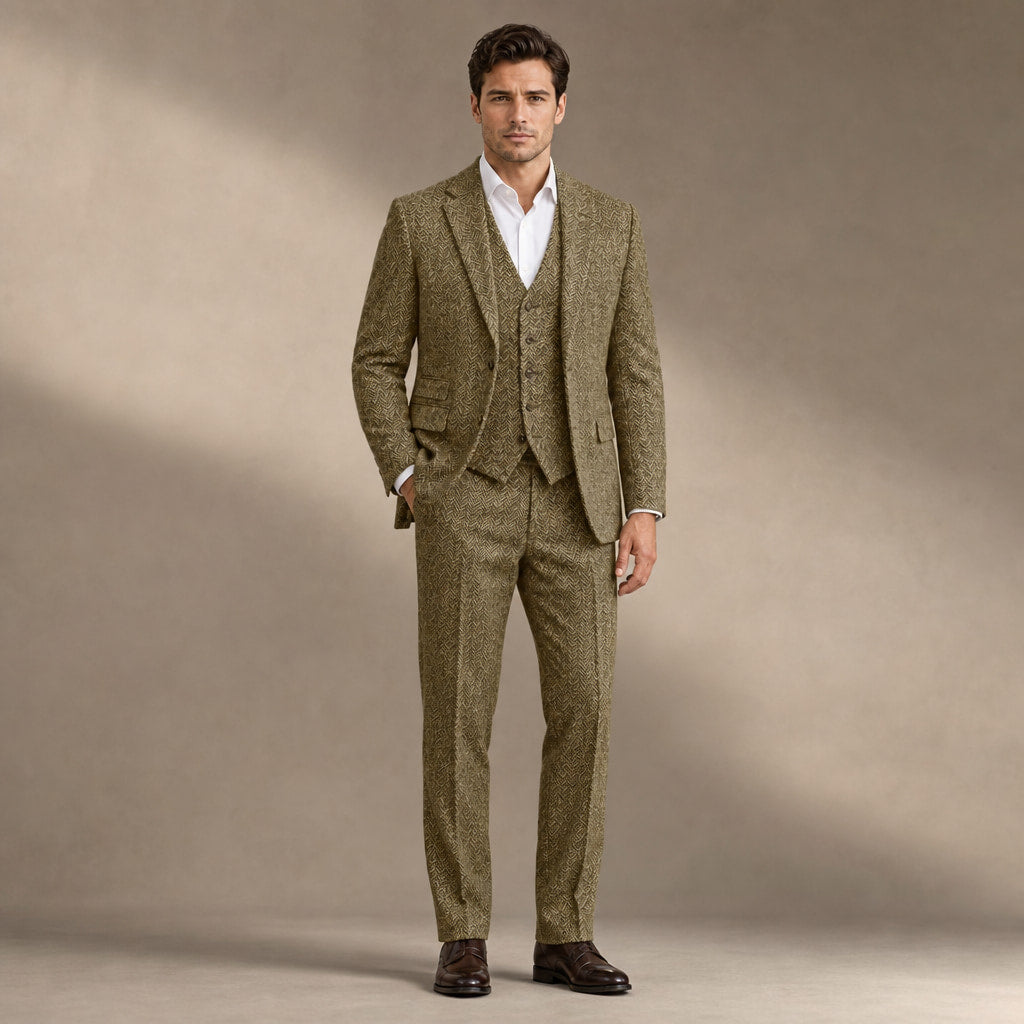 Three Piece Suit Herringbone Slim Fit in Khaki – Tarlano Premium Menswear