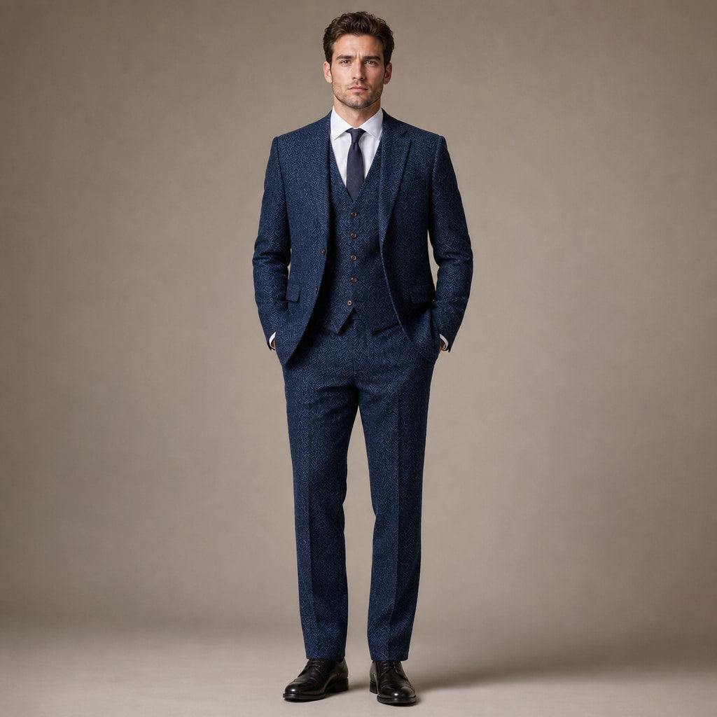 Three Piece Suit Herringbone Slim Fit in Navy – Tarlano Premium Menswear