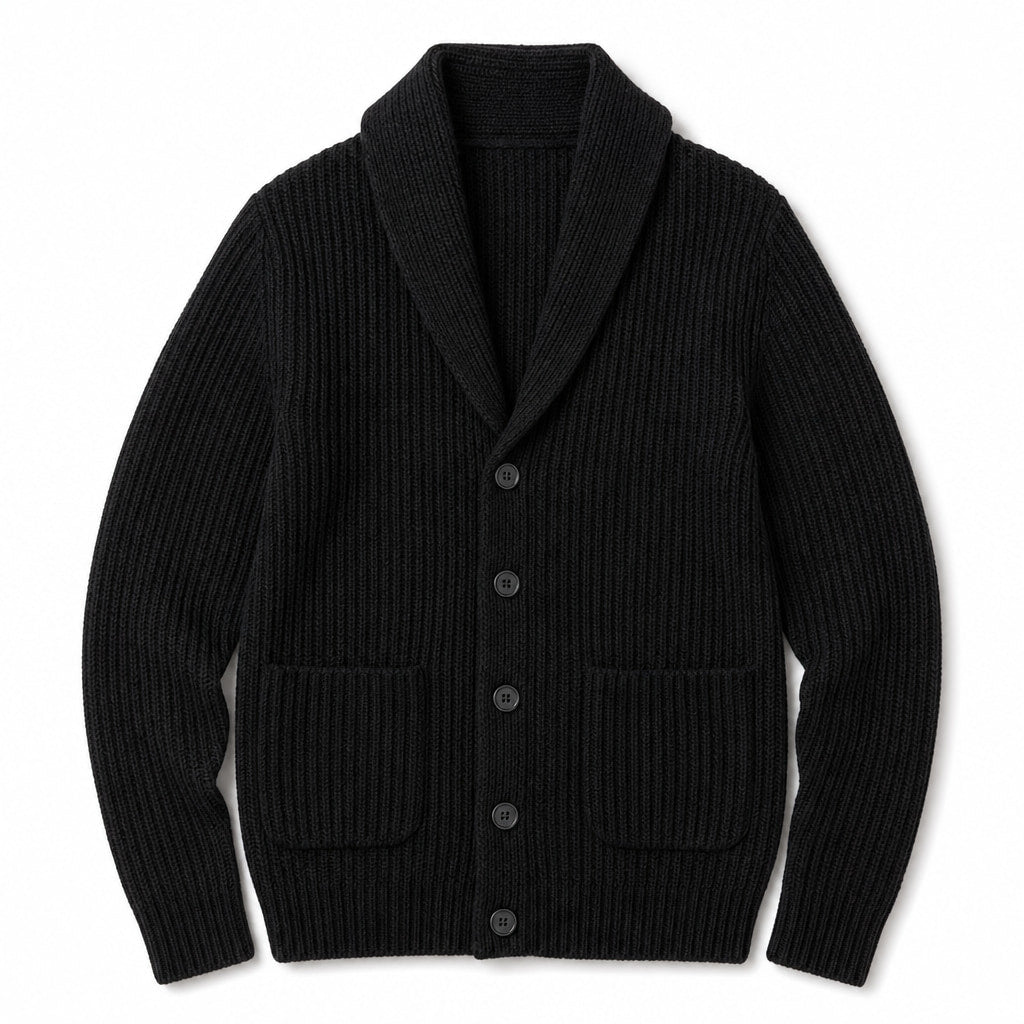 Cardigan Slim Fit Lapel Button-Up Knit Black – Product Photo