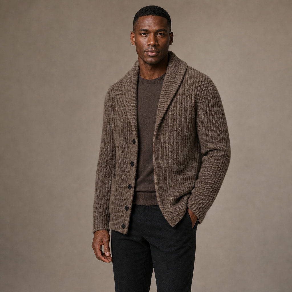 Cardigan Slim Fit Lapel Button-Up Knit Brown – Side Angle View