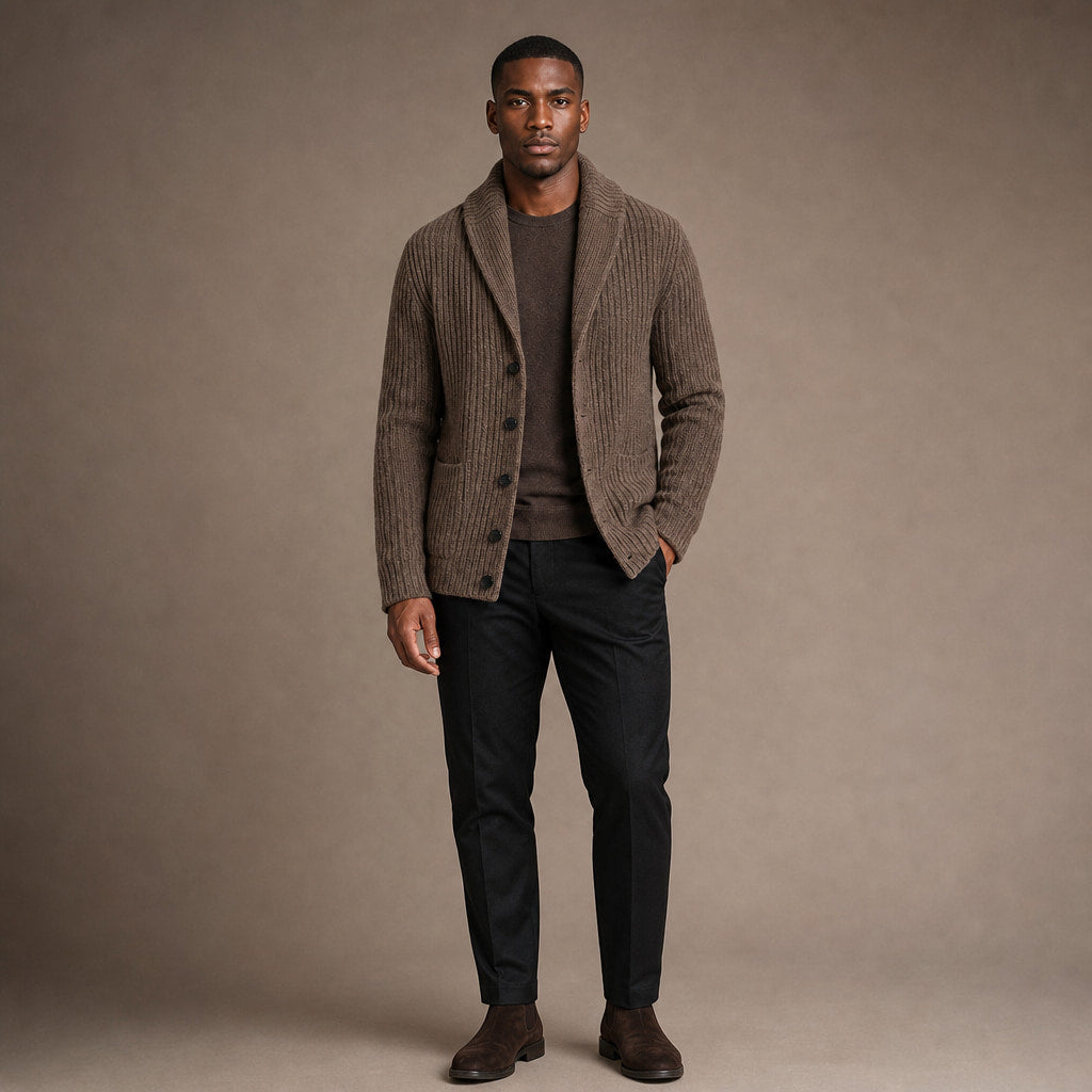 Cardigan Slim Fit Lapel Button-Up Knit Brown – Full Look
