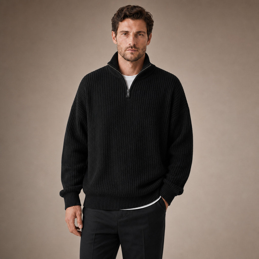 Quarter Zip Sweater Loose Fit Crewneck in Black – Tarlano Premium Menswear