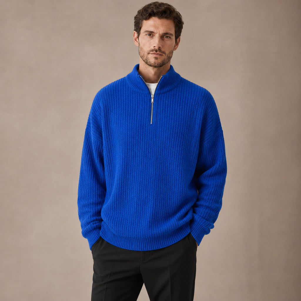Quarter Zip Sweater Loose Fit Crewneck in Blue – Tarlano Premium Menswear