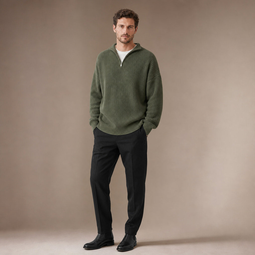 Quarter Zip Sweater Loose Fit Crewneck Green – Side Angle View