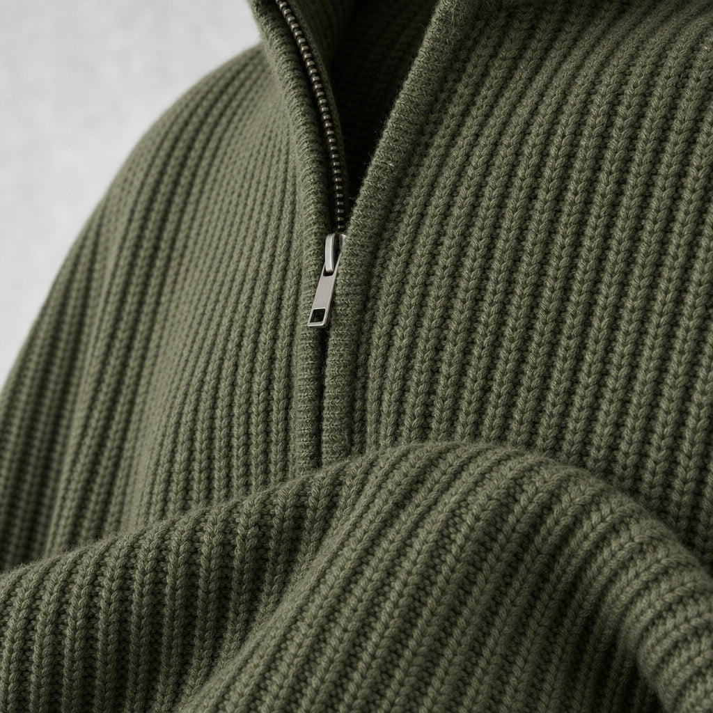 Quarter Zip Sweater Loose Fit Crewneck Green – Fabric and Detail Close-Up