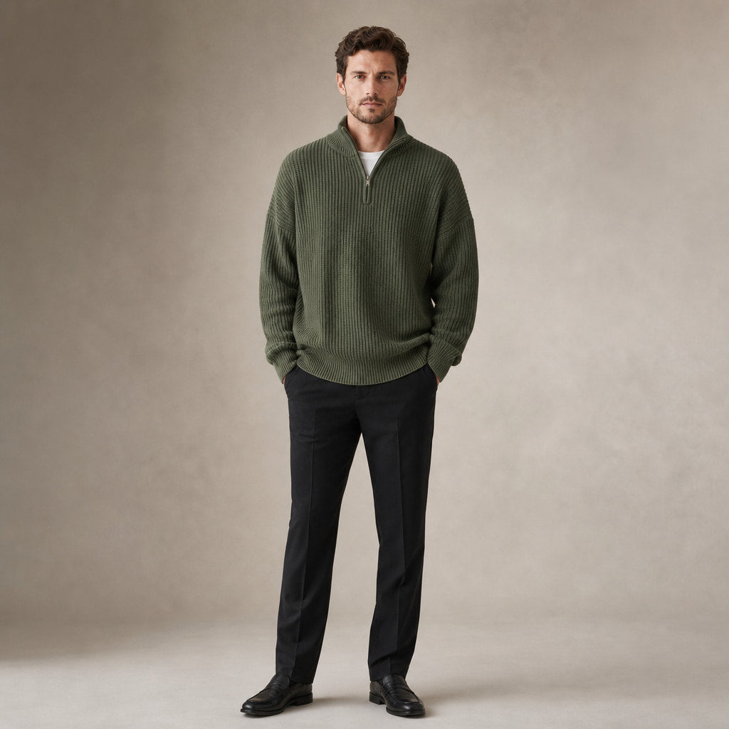 Quarter Zip Sweater Loose Fit Crewneck Green – Full Look