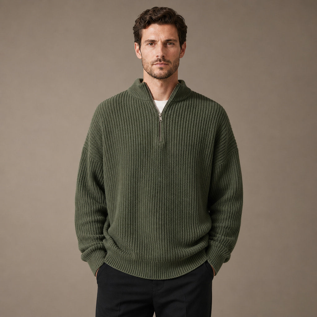 Quarter Zip Sweater Loose Fit Crewneck in Green – Tarlano Premium Menswear