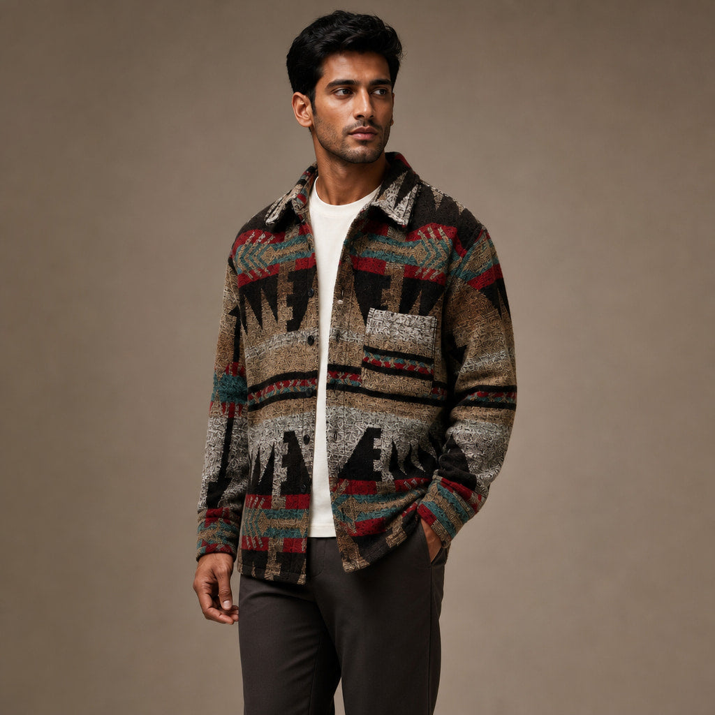 Wool Jacket Heavyweight Flannel Shacket Ethnic Print Brown – Side Angle View