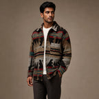 Wool Jacket Heavyweight Flannel Shacket Ethnic Print Brown – Side Angle View