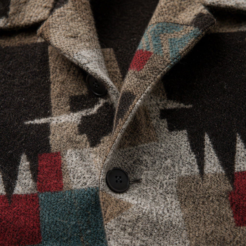 Wool Jacket Heavyweight Flannel Shacket Ethnic Print Brown – Fabric and Detail Close-Up