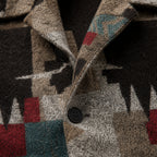 Wool Jacket Heavyweight Flannel Shacket Ethnic Print Brown – Fabric and Detail Close-Up