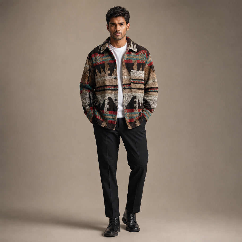 Wool Jacket Heavyweight Flannel Shacket Ethnic Print Brown – Full Look