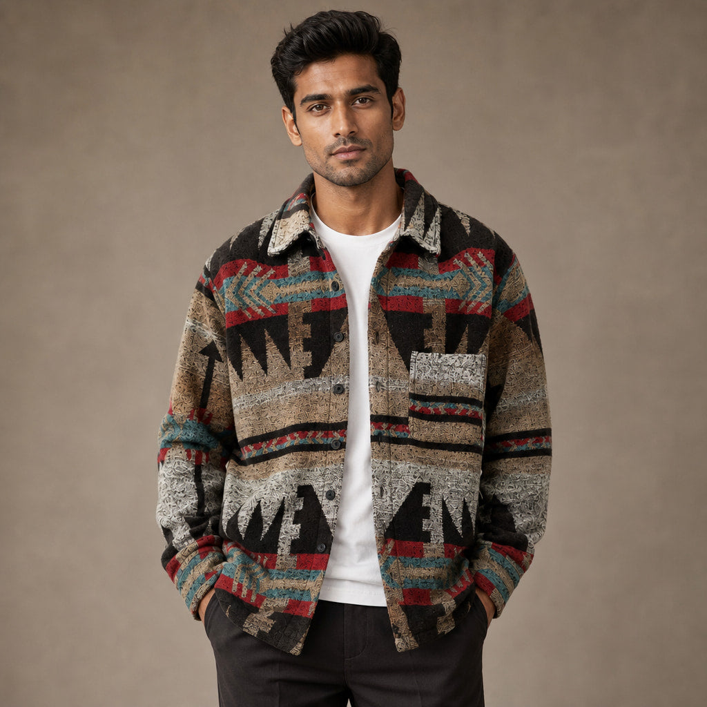 Wool Jacket Heavyweight Flannel Shacket Ethnic Print Brown – Product Photo