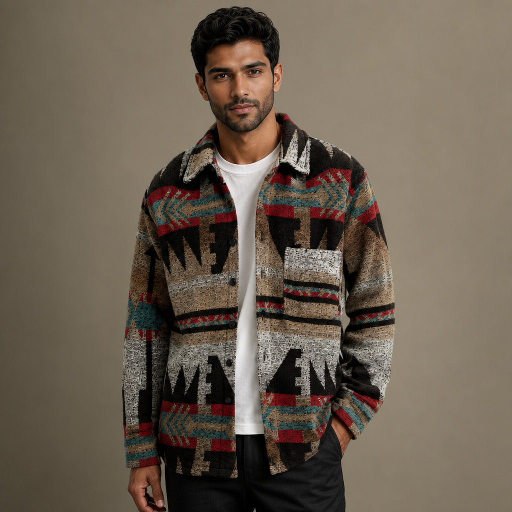 Wool Jacket Heavyweight Flannel Shacket Ethnic Print in Brown – Tarlano Premium Menswear