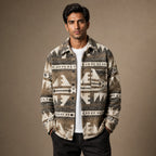 Wool Jacket Heavyweight Flannel Shacket Ethnic Print Khaki – Product Photo