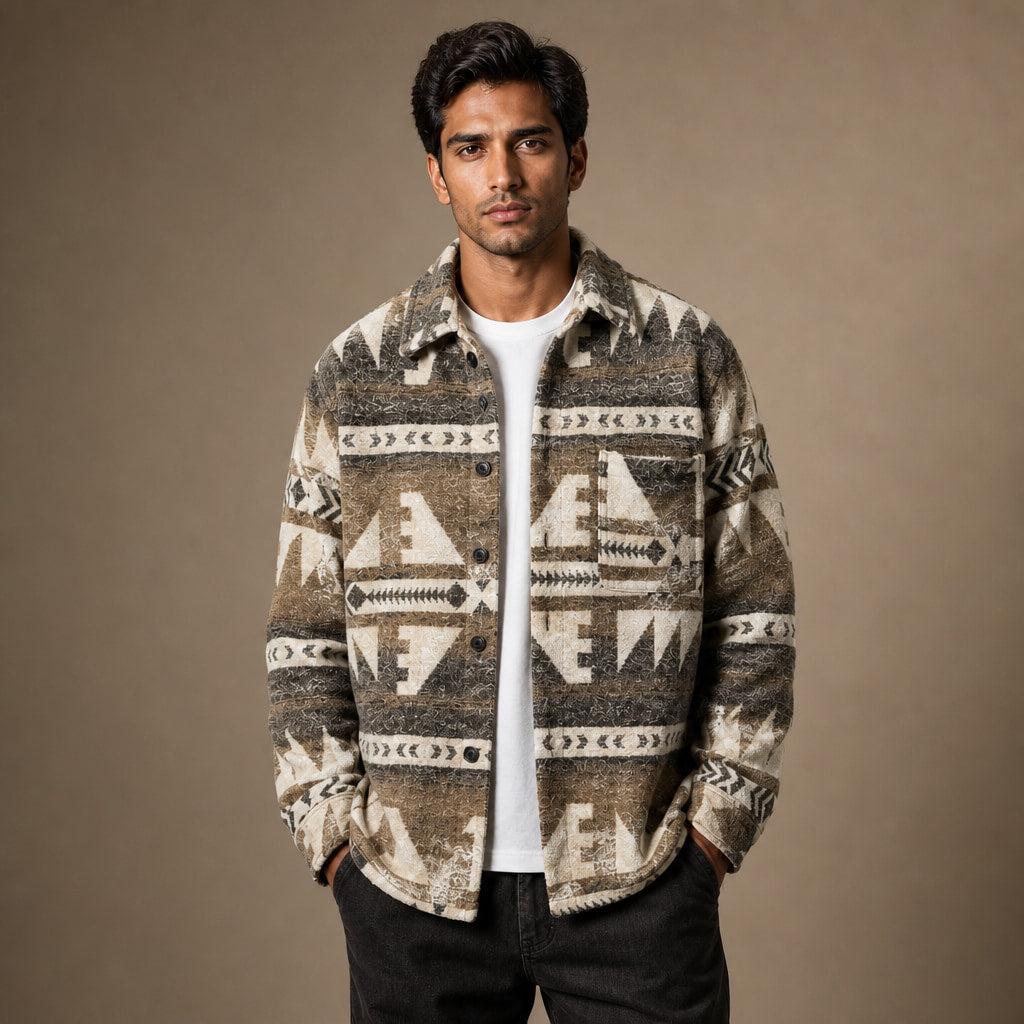Wool Jacket Heavyweight Flannel Shacket Ethnic Print Khaki – Product Photo