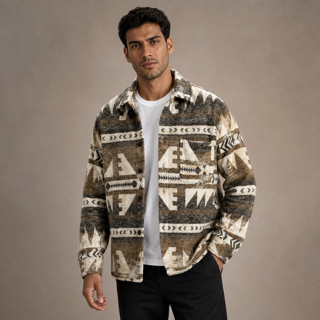 Wool Jacket Heavyweight Flannel Shacket Ethnic Print in Khaki – Tarlano Premium Menswear
