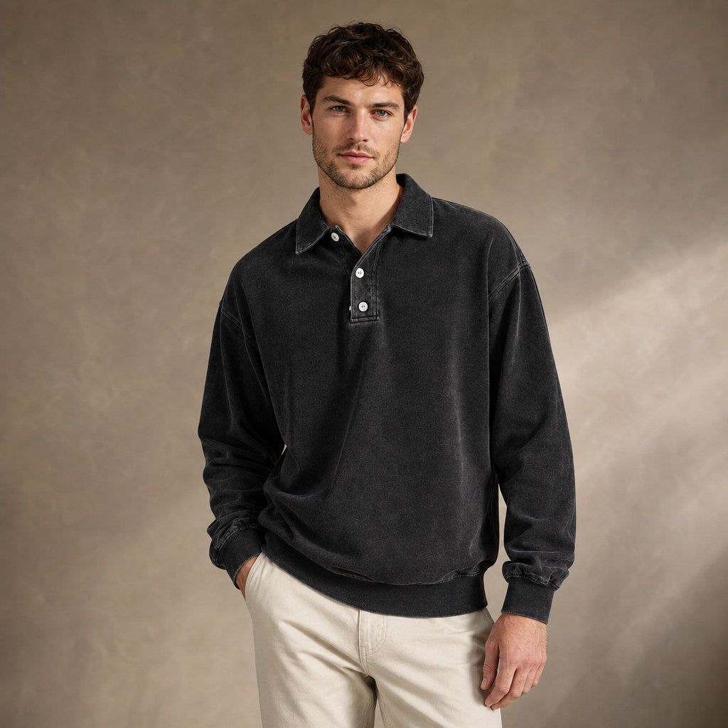 Polo Shirt Drop Shoulder Relaxed Fit Black – Side Angle View