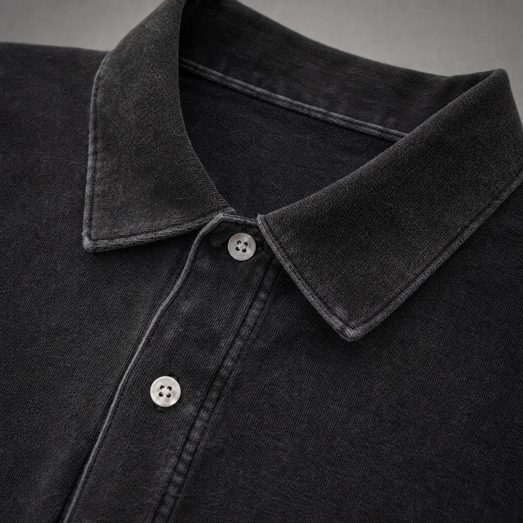 Polo Shirt Drop Shoulder Relaxed Fit Black – Fabric and Detail Close-Up